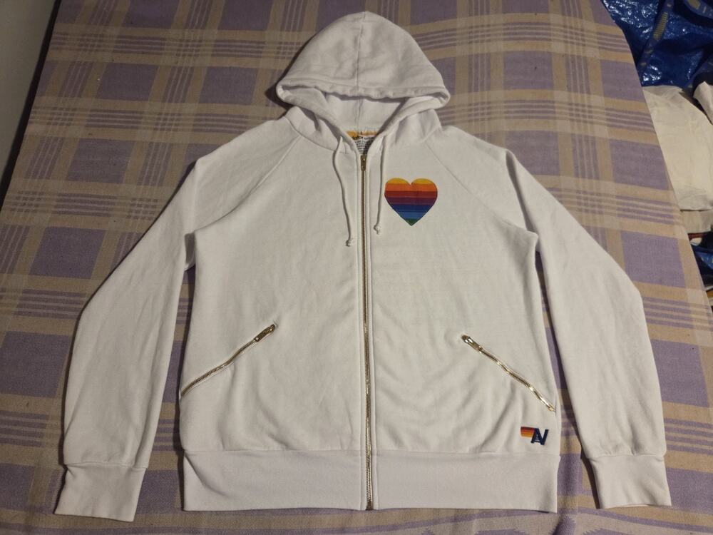 AVIATOR NATION White Rainbow Heart Stitch Zip Sweatshirt Hoodie Size Large